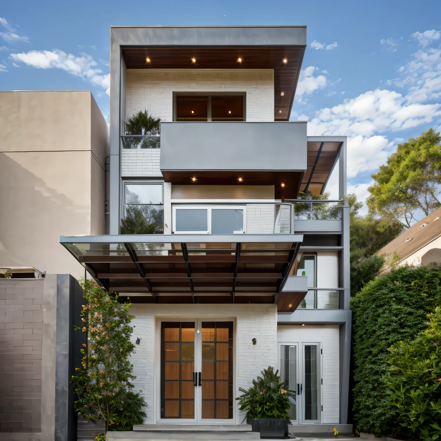 Exterior of house, mable decorations, (canopy in front of house:1.4), (a road in front of house:1.2), tree, sky, cloud, morning weather.