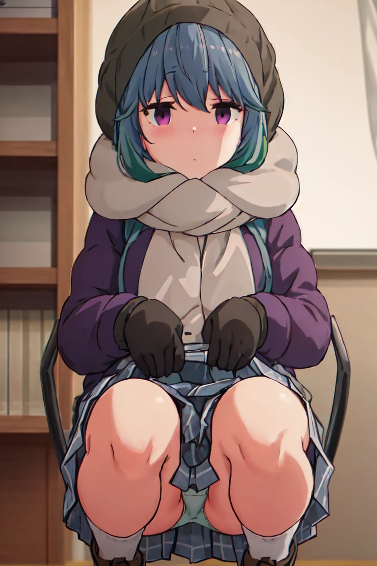 highest quality, masterpiece, High resolution, alone, {Shima_Also_yuru camp:1.15},( green_hair), purple_eye, closed_mouth, single_hair_good, hair_good, 1 girl, 前hair, blurry, blurry_background, (Motosu High School Girls Uniform Winter Clothes:1.3、Grey plaid skirt)、(lift up skirt、cute panties)、squat down、sit