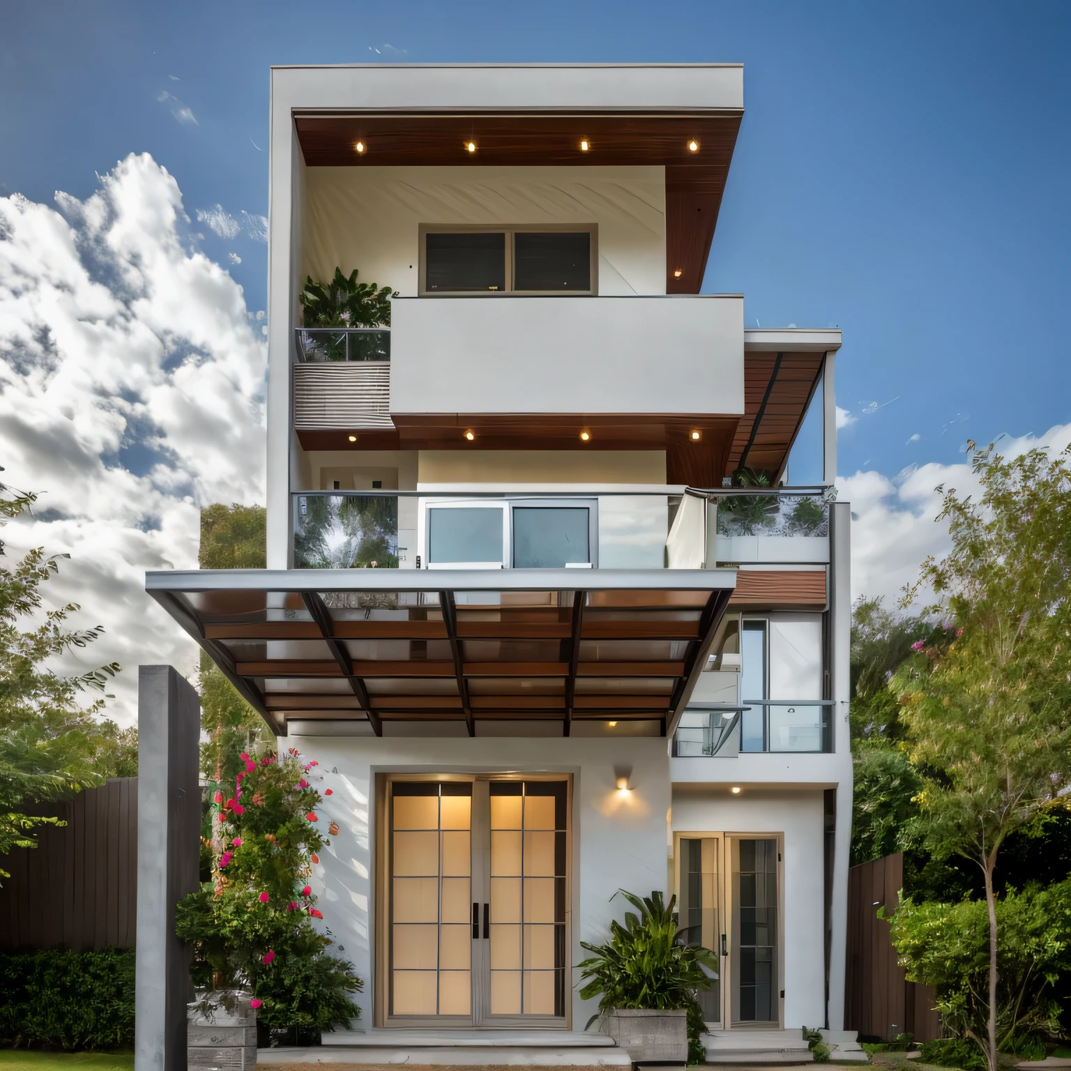 Exterior of house, mable decorations, (canopy in front of house:1.4), (a road in front of house:1.2), tree, sky, cloud, morning weather.