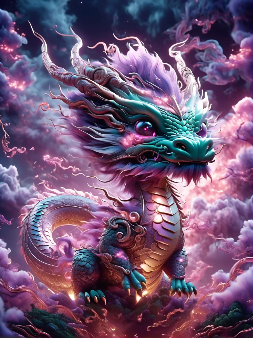 Inspired by Pokémon’s electric creatures,Create 3D renderings of adorable fantasy creatures with electric properties,1 elegant and ethereal light beige cute cartoon Chinese dragon,Majestic and slender figure,((Huge dark purple dragon horns)),Mysterious aura。Chinese dragons have smooth dark purple skin,The back has white skin and natural scaly skin。Its eyes are sharp and intelligent。Cute cartoon Chinese dragon standing proudly among the clouds,The huge dragon horns and slender body are even more prominent against the surrounding ethereal light and faint shimmer.,Highlighting its magical nature。