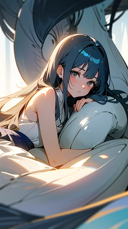 (: 1.5),ribbon, (masterpiece, side light, delicate and beautiful うすいgray eyes), round gentle eyes, wonderful, shining eyes, shiny hair, deep greenish navy blue hair, long hair, shiny skin, alone, glittering dress, delicate, beautiful,White dragon in the background, filled with lots of light,anime illustration