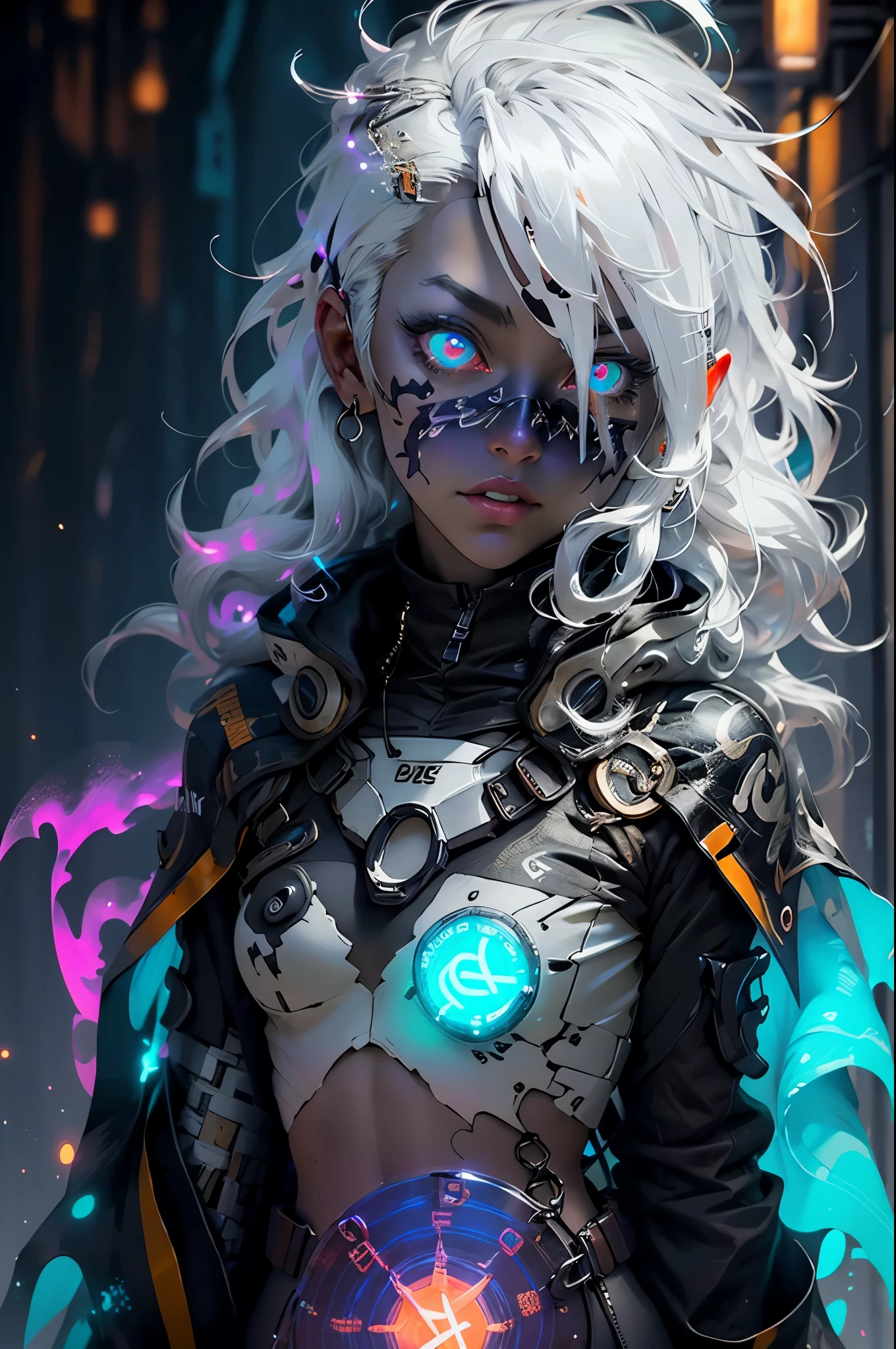 ((upper body)), best quality, masterpiece, a Japanese woman with ((Luminescence white hair)), ((detailed pearl blue eye)), high detailed goddess soul, focus on character, solo, (style swirl magic), solo, from front, front view, looking at viewer, detailed face, ((Luminescence Lighting Magic Circle theme)), perched on a ledge, tight neon body, light streaks, dark abyssal wanderer abstract, ((Simple Luminescence Neon Gown)), inscribed with mystical runes, outdoor dystopian background,
