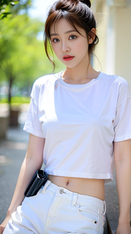 A beautiful girl wearing a white t-shirt, three holes, short jeans, DGirl beautiful fashion