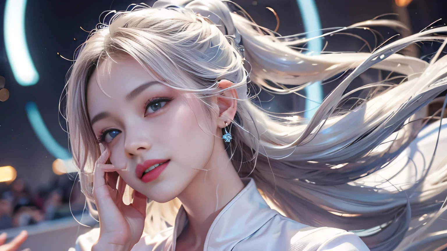 ((girl standing on a large stage)),blondeの灰colorhair, straight hair, spread hair, long hair, 瞳がshine, long eyelashes, blue eyes, compensate, smile, color field painting, modern art, blend, panorama, ultra wide angleの, wide angleの, f/1.8, 135mm, retina, table top, exquisiteな, anatomically correct, skin texture, Super detailed, high detail, high quality, High resolution, 1080P, hard disk, 4K, 8K, 最high qualityの, sexy pose (Neon lights of skyscrapers glitter in the background)、(color々Hairstyle)縞模Mr..hair、blonde、silver hair、薄茶colorhair、bangs、ぱっつんbangs、ponytail、サイドponytail、hyper realism、chiaroscuro、shine、cinematic lighting、Backlight、multi view、wide angle、f1. 8, 135mm, canon, UHD, retina, masterpiece, exquisite, anatomically correct, skin texture, Super detailed, high detail, high quality, 最high quality, High resolution、 1080P, HD, 4K, 8K,(mix4),((Mr..々girl with long hair))((Everyone wears the same clothes)),((Off-shoulder pure white mini flare dress))),((Mr..々dance pose)),((full body shot)),(white high heels)(girls with long legs), straight hair, spread hair, long hair, 瞳孔がshine, long eyelashes, blue eyes, modern art, exquisiteな, anatomically correct, skin texture, Super detailed, high detail, high quality, High resolution, 1080P, hard disk, 4K, 8K, 最high qualityの, sexy pose (最high quality)、 (masterpiece)、(Professional lighting with fewer shadows)、 (超realistic)、 (perfect anatomy), (bright, plat, White skin without wrinkles or unevenness:1.5), long eyelashes , 魅惑的なsmile, shine、 performance、shiny skin。realistic、Photoreal:1.37)、(K-POP idol group)、(pink blush)、dynamic pose、