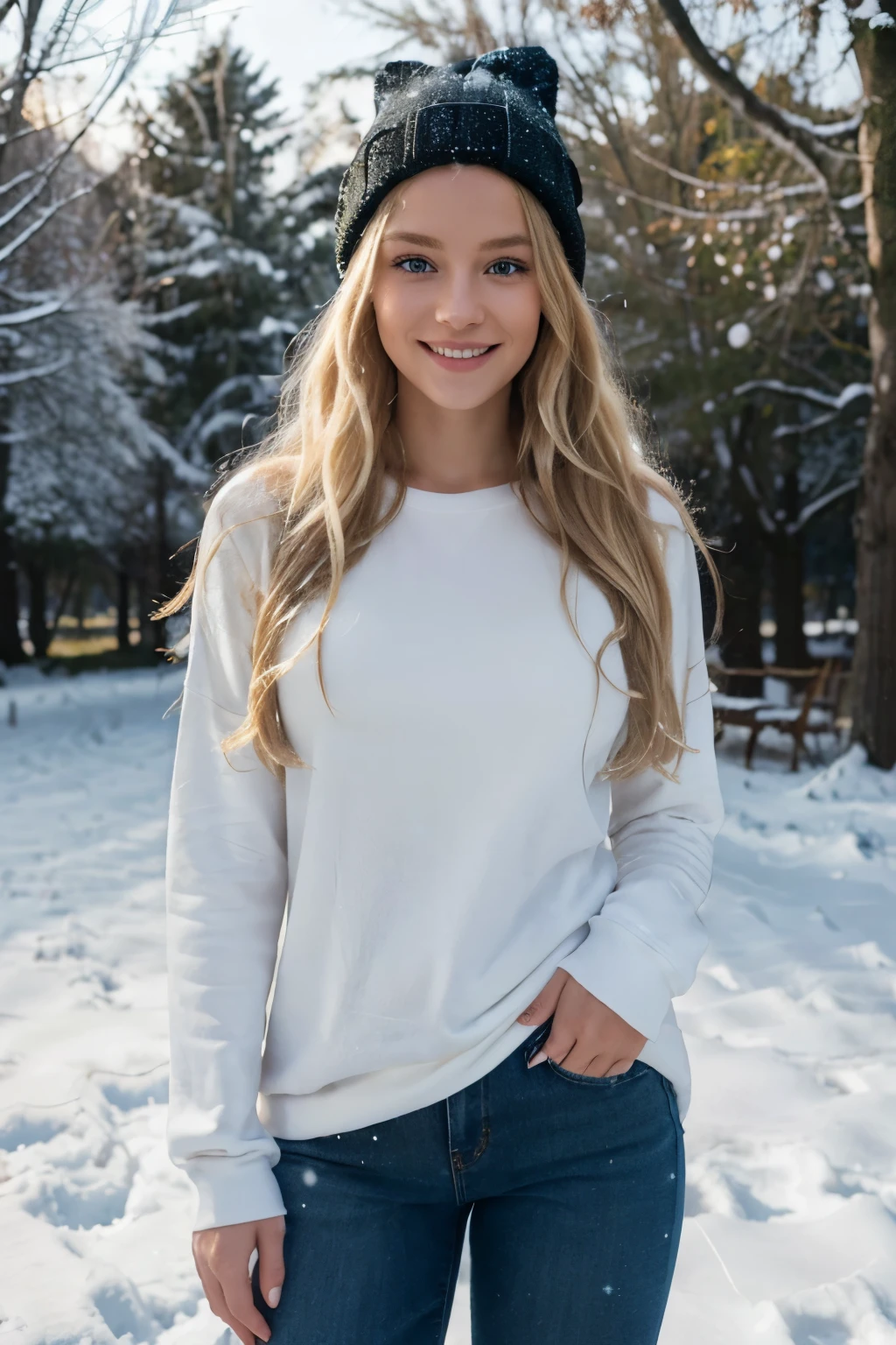 ((perfect photograph)), ((realistic)), ((8k)), (perfect face), gorgeous woman with long blonde wavy hair, huge , wearing a straight long white long sweat shirt and dark jeans and a black beanie, standing towards the camera, snowing, torso facing camera, outdoors, lots of light, smiling, large dark oak trees, lots of snow, bright blue eyes