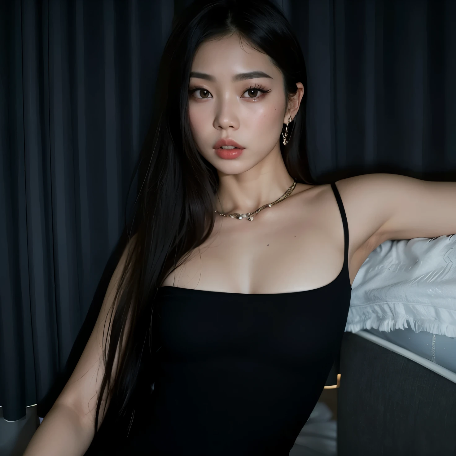 there is a woman that is posing for a picture in a black dress, linda jovem coreana,  coreana, linda mulher sul-coreana, asian girl com cabelo comprido, linda jovem coreana, a young Asian woman, Heonhwa Choe, com cabelo comprido, cruel korean goth girl, she is wearing a black tank top, an Asian woman, wenfei you