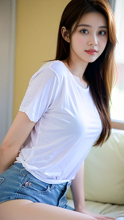 18 year old girl, (masterpiece: 1.4), (8k, really, RAW photos, best quality: 1.4), Japanese, (1 girl), beautiful face, (real face: 1.4), (caramel hair,귀여운 hair style:1.3), hair style,beautiful and delicate eyes, (real skin: 1.3), beautiful skin, attractiveness, ultra high resolution, Ultra photoreal simulation, khd, golden ratio, (detailed face: 1.4), (Japanese actor: Haruna Kawaguchi),1 white t-shirt,thong, black hair,NSFW,big,big butt emphasis,Please look at the camera,sitting on bed,drenched in sweat