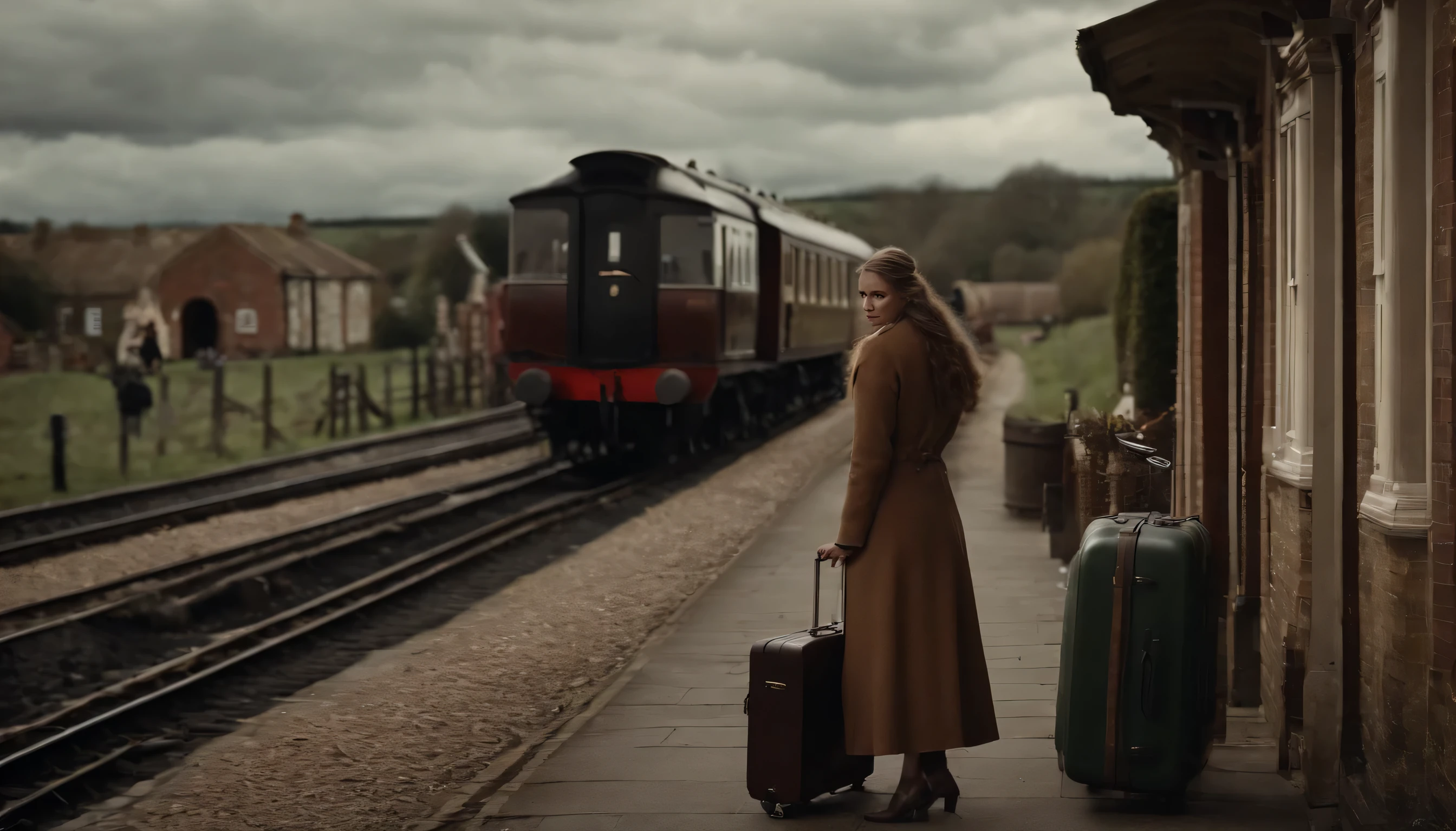 A train arriving at a small village in England, People waiting at the station with luggage々, A girl is looking at me, highest quality, super detailed,