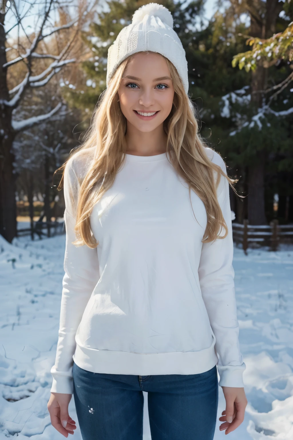 ((perfect photograph)), ((realistic)), ((8k)), (perfect face), gorgeous woman with long blonde wavy hair, huge , wearing a straight long white long sweat shirt and dark jeans and a black beanie, standing towards the camera, snowing, torso facing camera, outdoors, lots of light, smiling, large dark oak trees, lots of snow, bright blue eyes