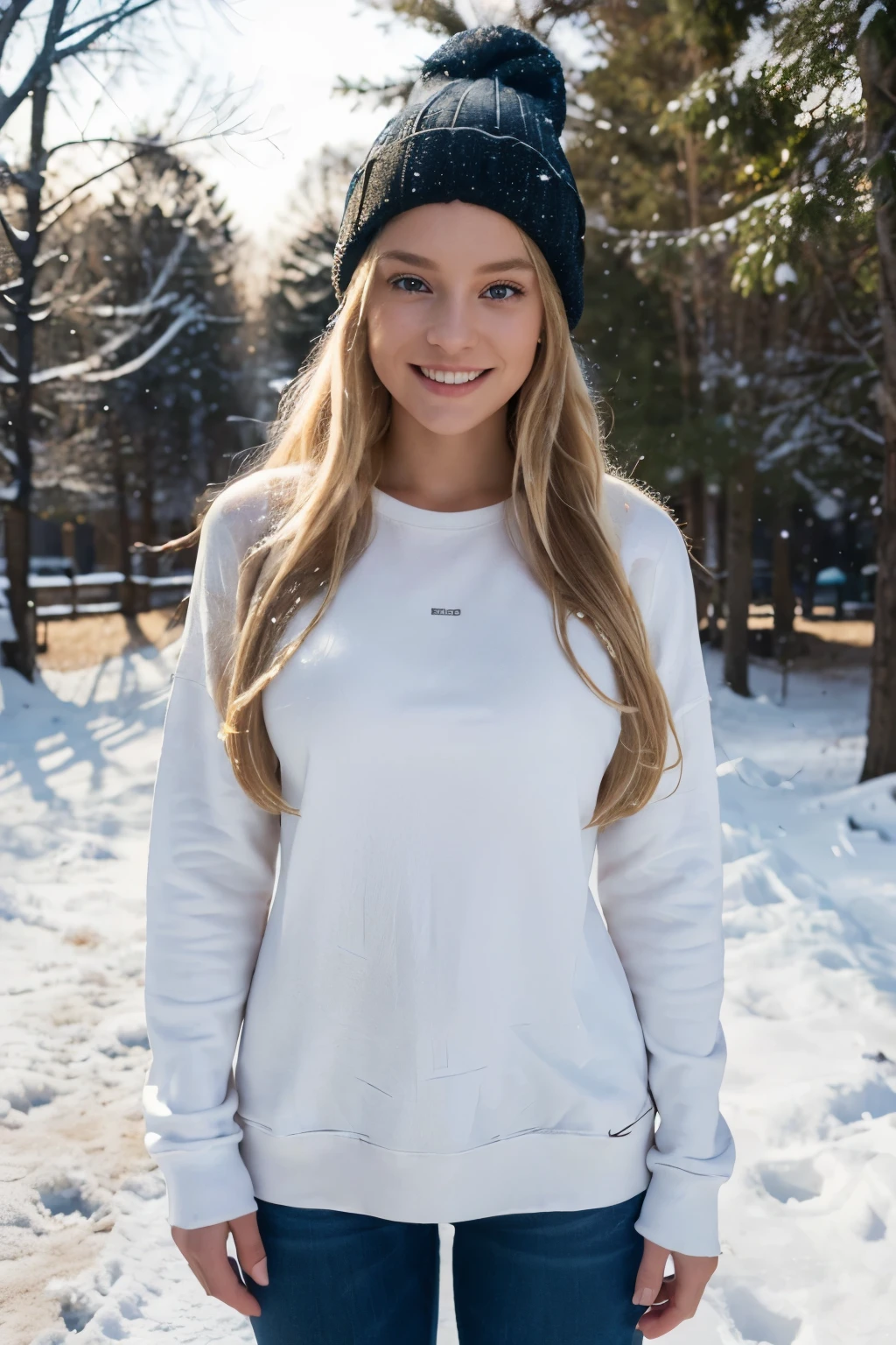 ((perfect photograph)), ((realistic)), ((8k)), (perfect face), gorgeous woman with long blonde wavy hair, huge , wearing a straight long white long sweat shirt and dark jeans and a black beanie, standing towards the camera, snowing, torso facing camera, outdoors, lots of light, smiling, large dark oak trees, lots of snow, bright blue eyes