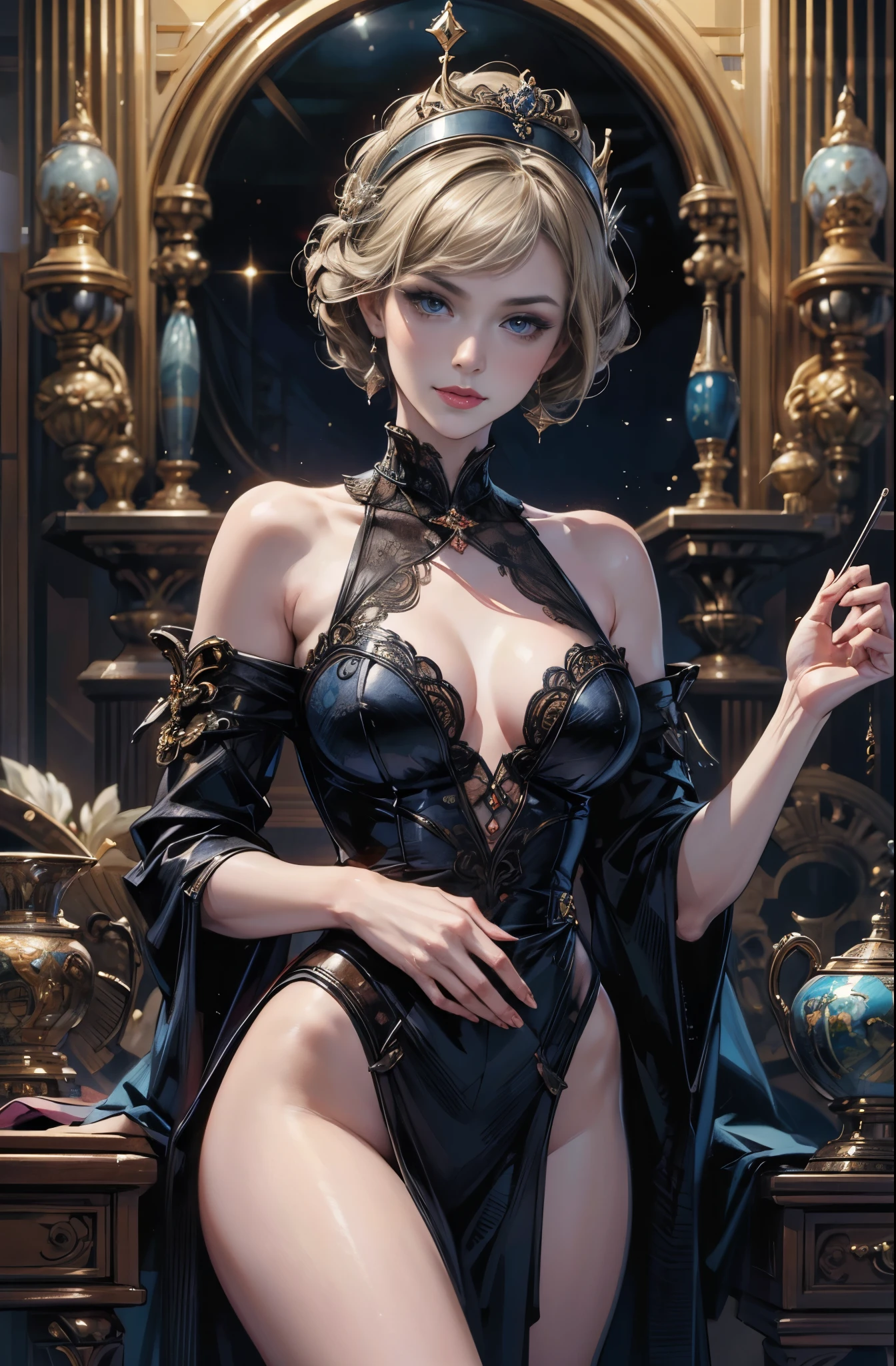 A beautiful young woman standing elegantly, Delphine Seyrig, gorgeous dress, refinement, Smile, perfect tall model body, inspired by Fenghua Zhong, wallop style, Style Ivan Talavera and Artgerm, wallop and art germ, art germ style, inspired by Vincent Lefevre, Gwaites style artwork, artgerm and wlop, figurative art, Beautiful and expressive paintings, Beautiful artwork illustration, wonderful, cool beauty, highest quality, official art, perfect composition, perfect angle, best shot, female solo, sharp outline, melancholy, nostalgia, romantic, Eyes without pupils, color eye, ideal anima, unforgettable woman, monologue, The present blends with the past, 1960s Paris