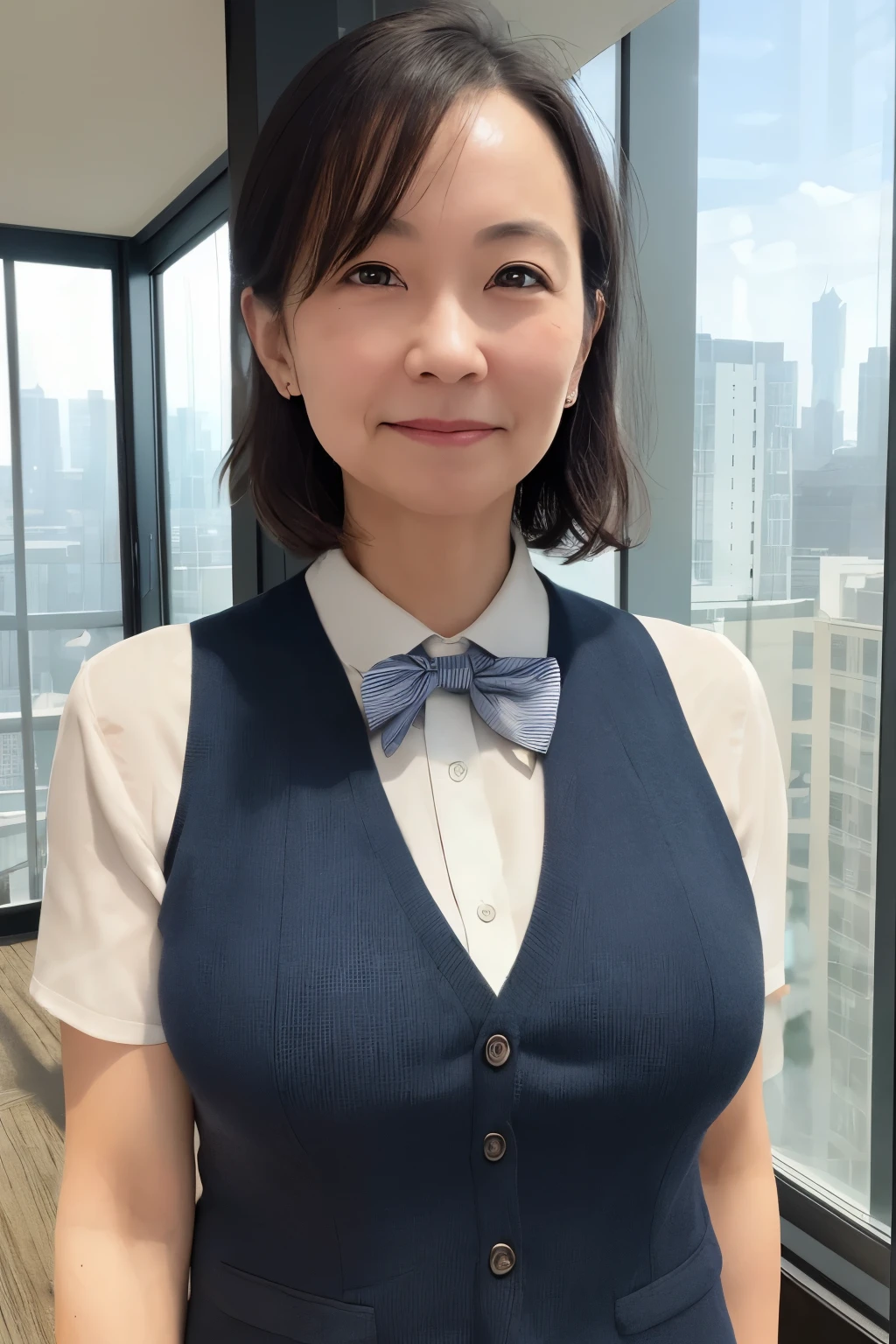 1 girl, mature woman, vest, bow, photograph, realistic, highest quality, hire, detailed face, office, building from the window, detailed background, diffused sunlight, Depth of bounds written, Bokeh、topless