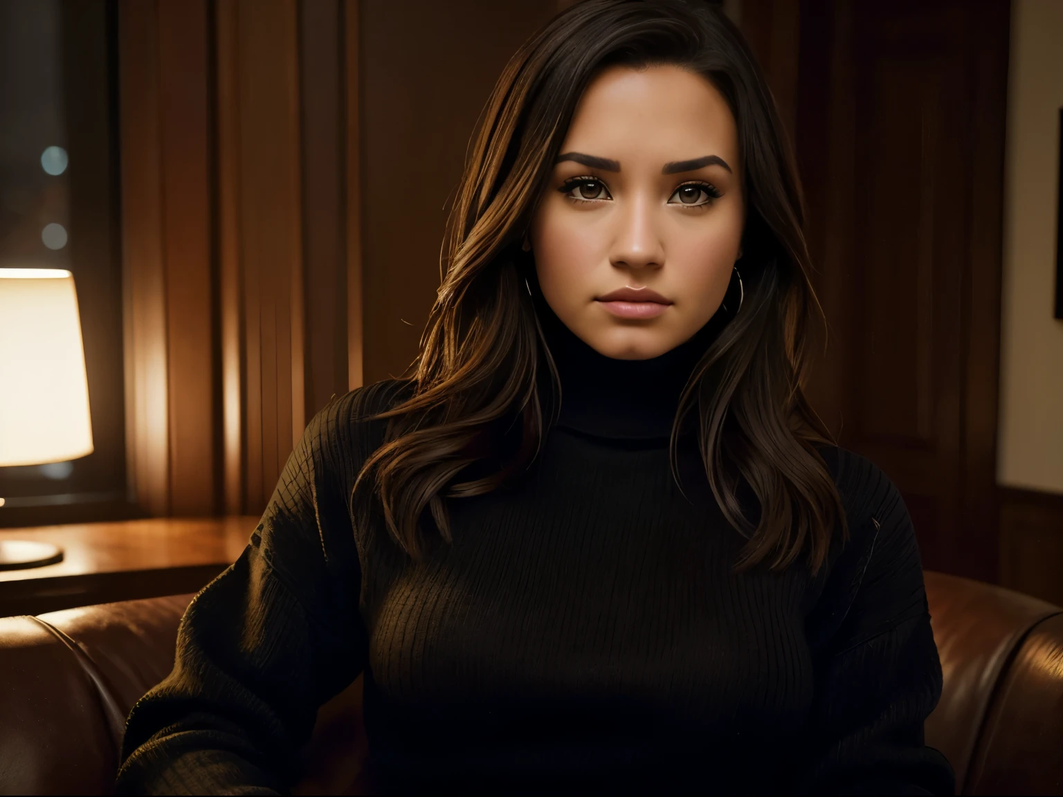 Foto hiperrealista en primer plano de Demi Lovato, masterpiece, best quality, (photorealistic:1.4), portrait photo, black turtleneck sweater, night in living room, during the night, dark night, during night, cinematic light, beautiful woman, skinny, large breasts, straight brown hair, detailed face, photo taken from a distance, age 20 years old