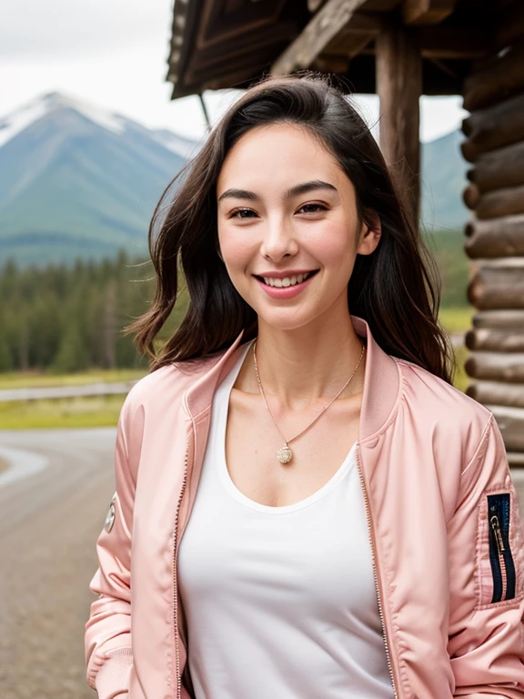 Gal, ripped muscle, muscular body, pale skin, smile(blush), bomber jacket, thin necklace, [ultra detailed skin:1.2], 8k uhd, full body, stand, sweat, cum on face, crowd, public, wooden cabin,