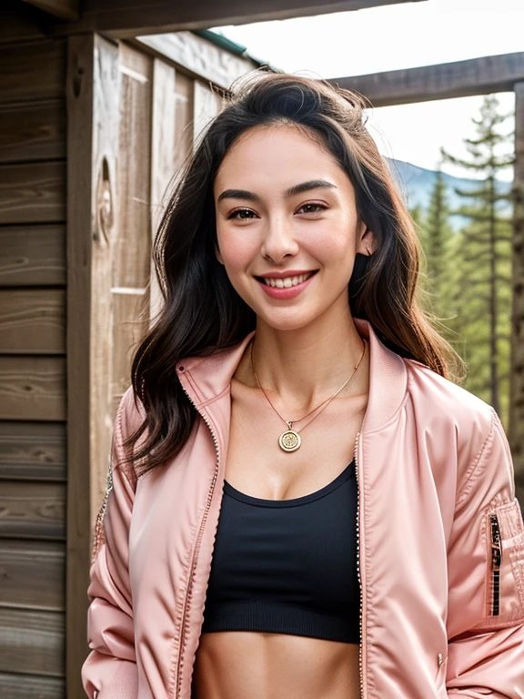 Gal, ripped muscle, muscular body, pale skin, smile(blush), bomber jacket, thin necklace, [ultra detailed skin:1.2], 8k uhd, full body, stand, sweat, cum on face, crowd, public, wooden cabin,