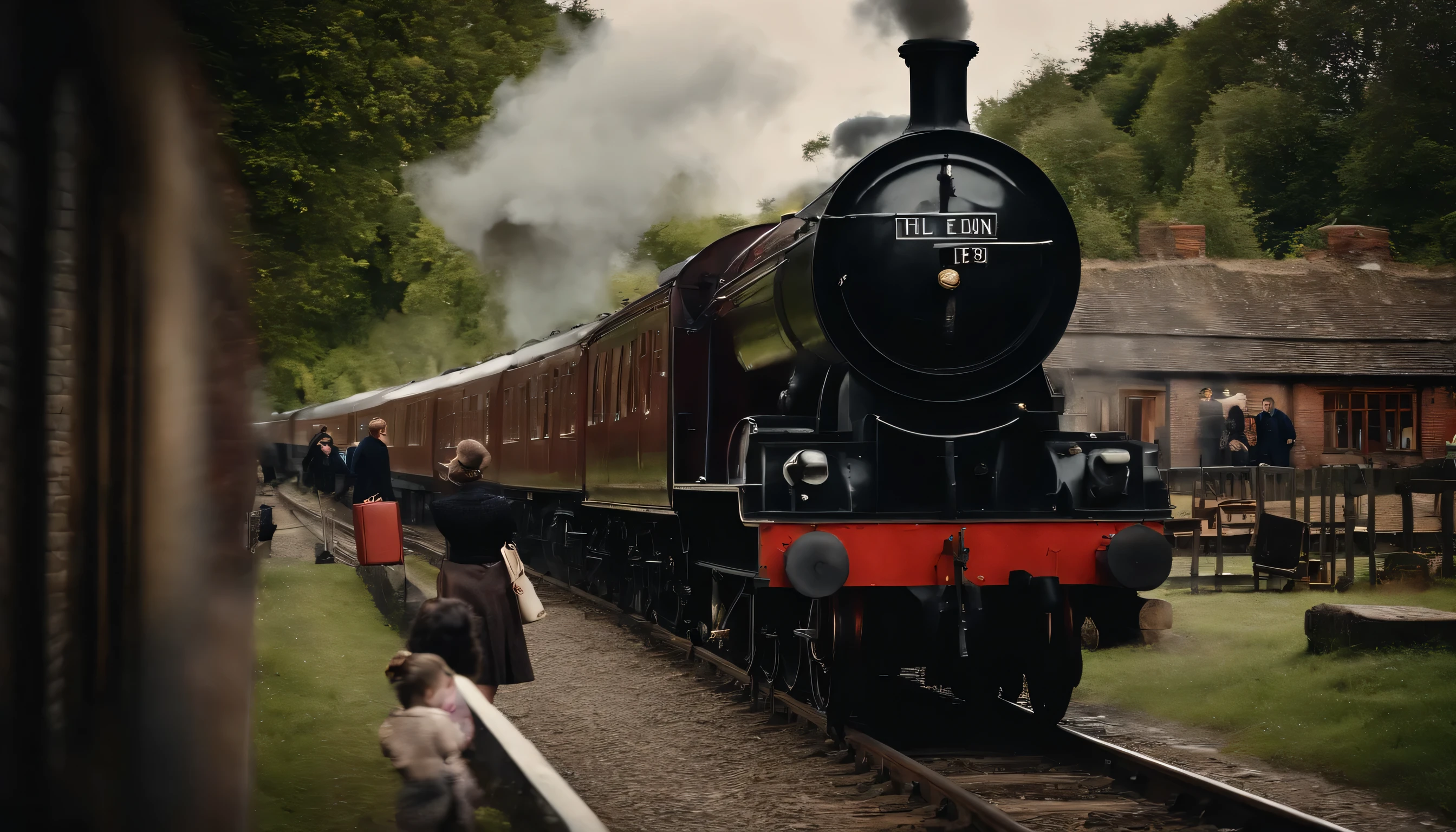 A train arriving at a small village in England, People waiting at the station with luggage々, A girl is looking at me, highest quality, super detailed,