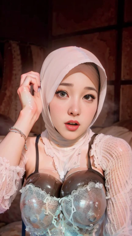 (realistic, photorealistic:1.37), 1 mature woman hijab, 25-years-old, real huge breasts :96.90, real nipples,