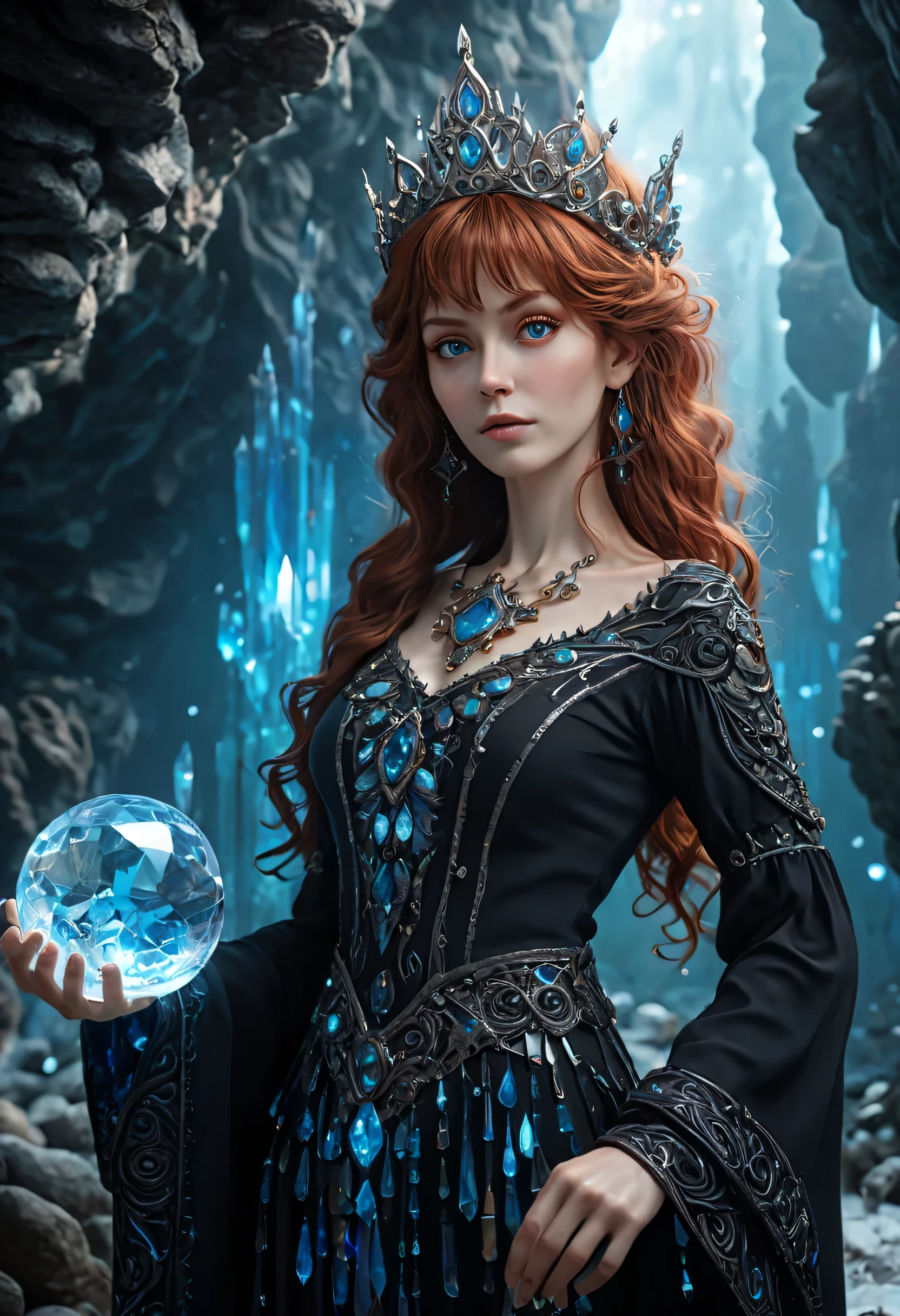 (absurdres, highres, ultra detailed), 1woman, mature female, aged up, wavy long hair, auburn hair, coral eyes, bangs, long sleeves, finely detailed eyes and detailed face, extremely detailed CG unity 8k wallpaper, intricate details, (style-swirlmagic:1.0), looking at viewer, solo, upper body, detailed background, close up, detailed face, (gothic dark ages theme:1.1), crystal sorcerer, dynamic pose, earth themed clothes, crystal crown, floating in the air, glowing magical shards, surrounded by blue magical crystals, rock formations, stalactites, magical floating particles, crystal glass, crystal sphere, crystal canyon background, (shallow water:0.7), epic ethereal atmosphere, updraft,, portrait