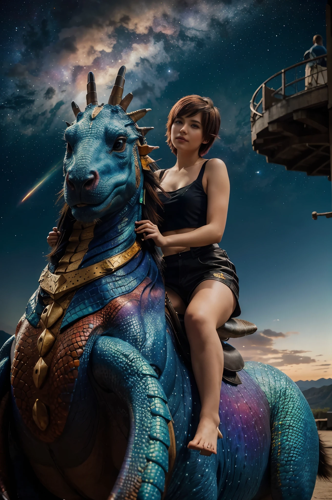 a young pretty girl with short multicolored hair is riding a colorful dragon in a cosmic sky, photorealistic