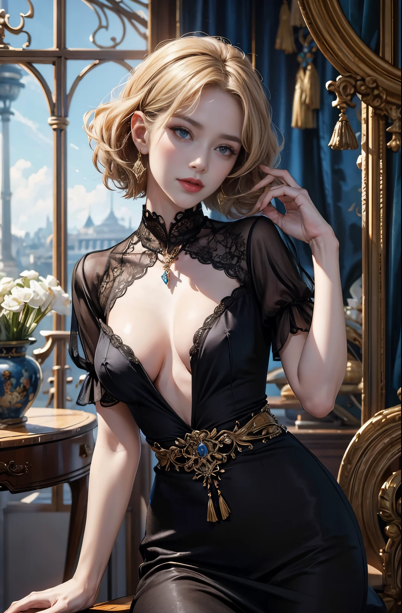 A beautiful young woman standing elegantly, Delphine Seyrig, gorgeous dress, refinement, Smile, kiseru, perfect tall model body, inspired by Fenghua Zhong, wallop style, Style Ivan Talavera and Artgerm, wallop and art germ, art germ style, inspired by Vincent Lefevre, Gwaites style artwork, artgerm and wlop, figurative art, Beautiful and expressive paintings, Beautiful artwork illustration, wonderful, cool beauty, highest quality, official art, perfect composition, perfect angle, best shot, female solo, sharp outline, melancholy, nostalgia, romantic, Eyes without pupils, color eye, ideal anima, unforgettable woman, monologue, The present blends with the past, 1960s Paris