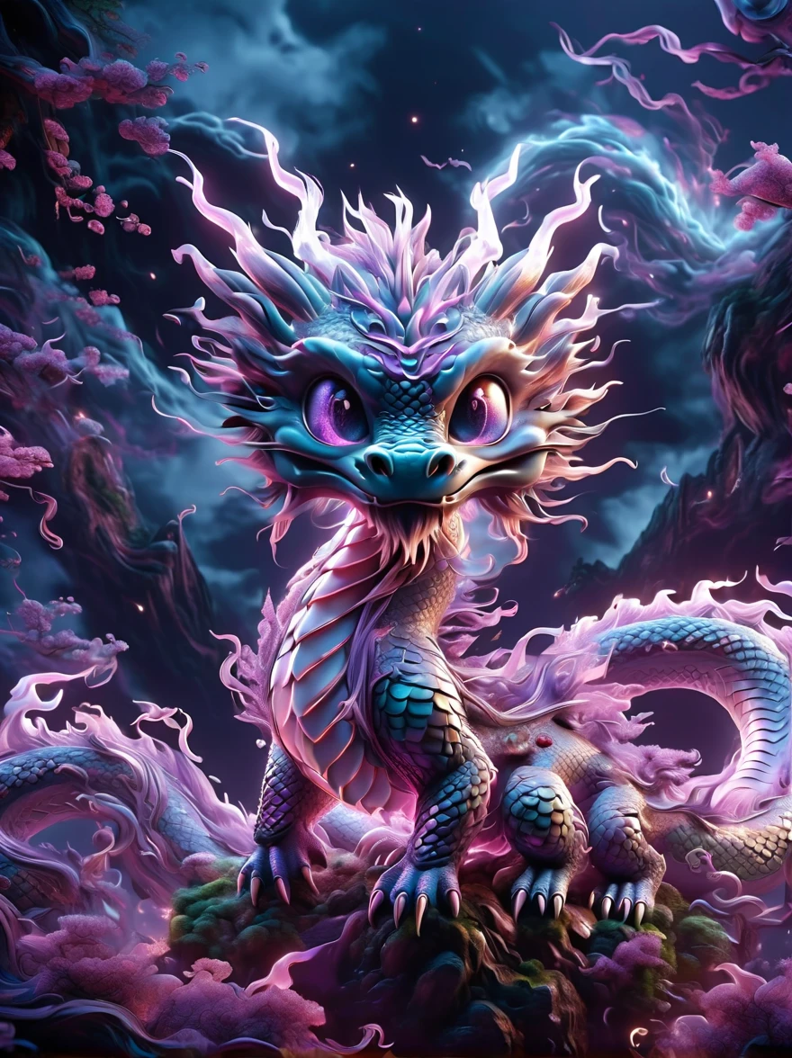 Inspired by Pokémon’s electric creatures,Create 3D renderings of adorable fantasy creatures with electric properties,1 elegant and ethereal light beige cute cartoon Chinese dragon,Majestic and slender figure,((Huge dark purple dragon horns)),Mysterious aura。Chinese dragons have smooth dark purple skin,The back has white skin and natural scaly skin。Its eyes are sharp and intelligent。Cute cartoon Chinese dragon standing proudly among the clouds,The huge dragon horns and slender body are even more prominent against the surrounding ethereal light and faint shimmer.,Highlighting its magical nature。