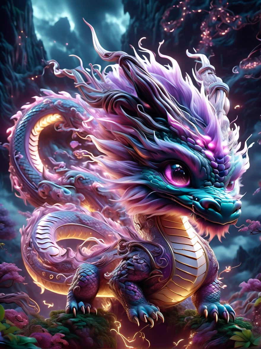 Inspired by Pokémon’s electric creatures，Create 3D renderings of adorable fantasy creatures with electric properties，1 elegant and ethereal light beige cute cartoon Chinese dragon，Majestic and slender figure，((Huge dark purple dragon horns))，Mysterious aura。Chinese dragons have smooth dark purple skin，The back has white skin and natural scaly skin。Its eyes are sharp and intelligent。Cute cartoon Chinese dragon standing proudly among the clouds，The huge dragon horns and slender body are even more prominent against the surrounding ethereal light and faint shimmer.，Highlighting its magical nature。