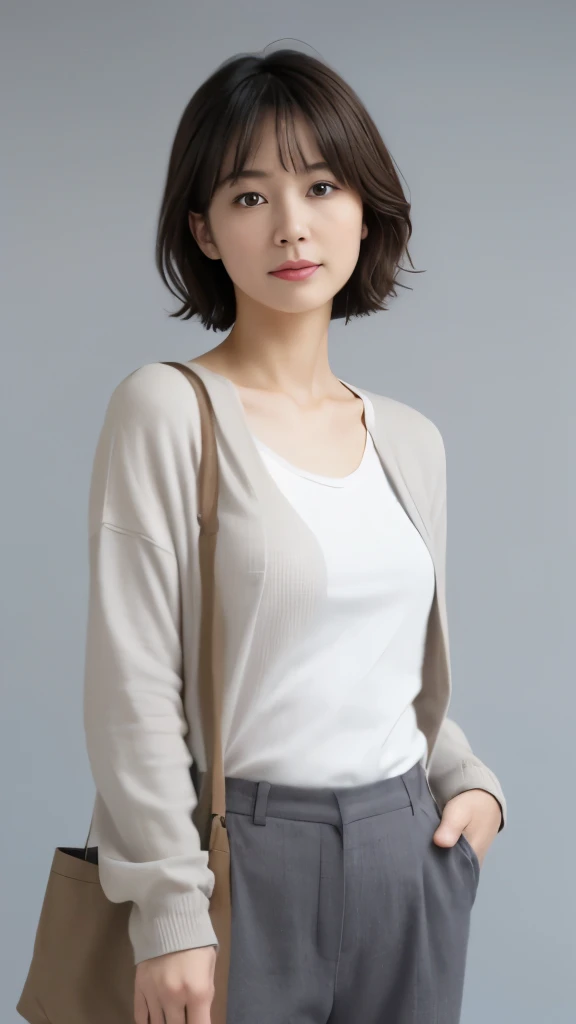 (In 8K、Raw photo、highest quality、realistic、Photoreal, look at the camera, light shines on your face, gray background), 41-year-old Japanese woman, part-time employee, friendly, short hair, casual makeup, practical blouse, cardigan, ankle pants, ballet flats, canvas tote