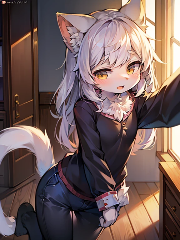 Solo, kemono, female, silver hair, black eyes, wear red bow tie, wear white long sleeve shirt, wear black panties, wear black stockings, blushes, look at camera, smile open mouth, standing in living room, modern living room background, night time