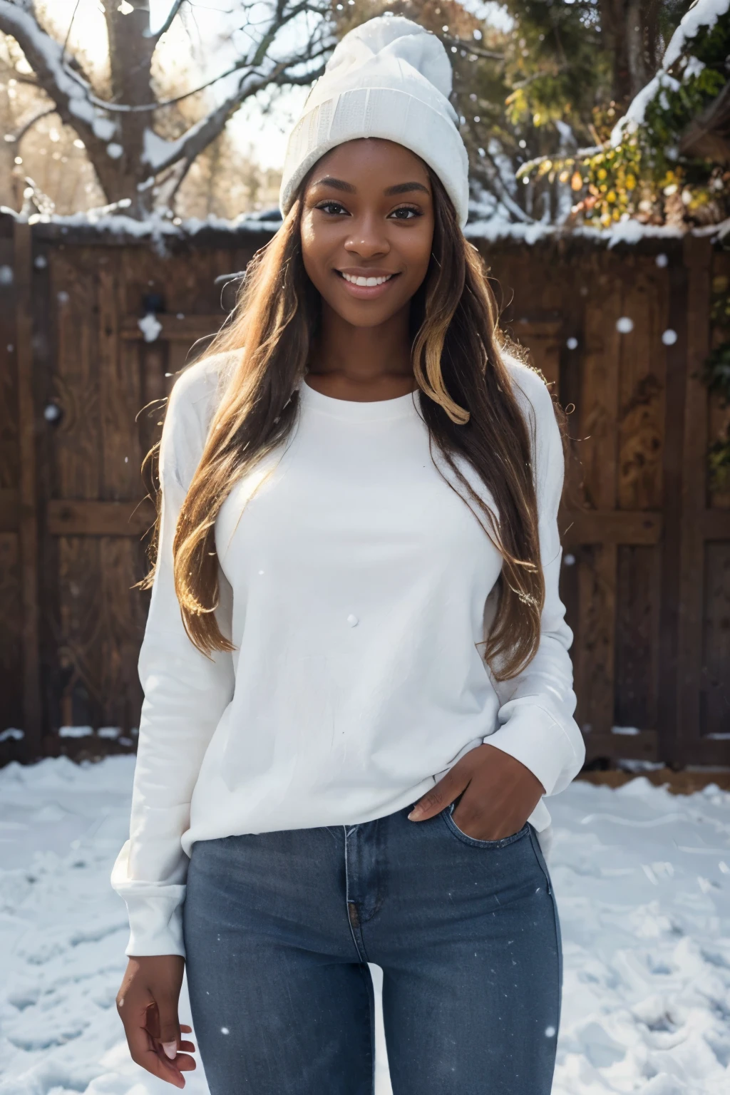 ((perfect photograph)), ((realistic)), ((8k)), (perfect face), gorgeous black woman with long blonde wavy hair, huge , wearing a straight long white long sweat shirt and dark jeans and a black beanie, standing towards the camera, snowing, torso facing camera, outdoors, lots of light, smiling, large dark oak trees, lots of snow, bright blue eyes