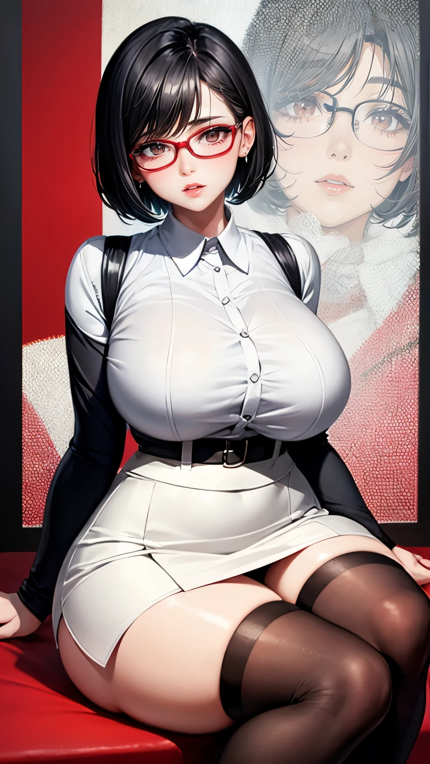 black short hair Glasses white blouse black tight skirt stockings lanyard id card 35 years old red rouge plump lips round face Plump Eyes meet