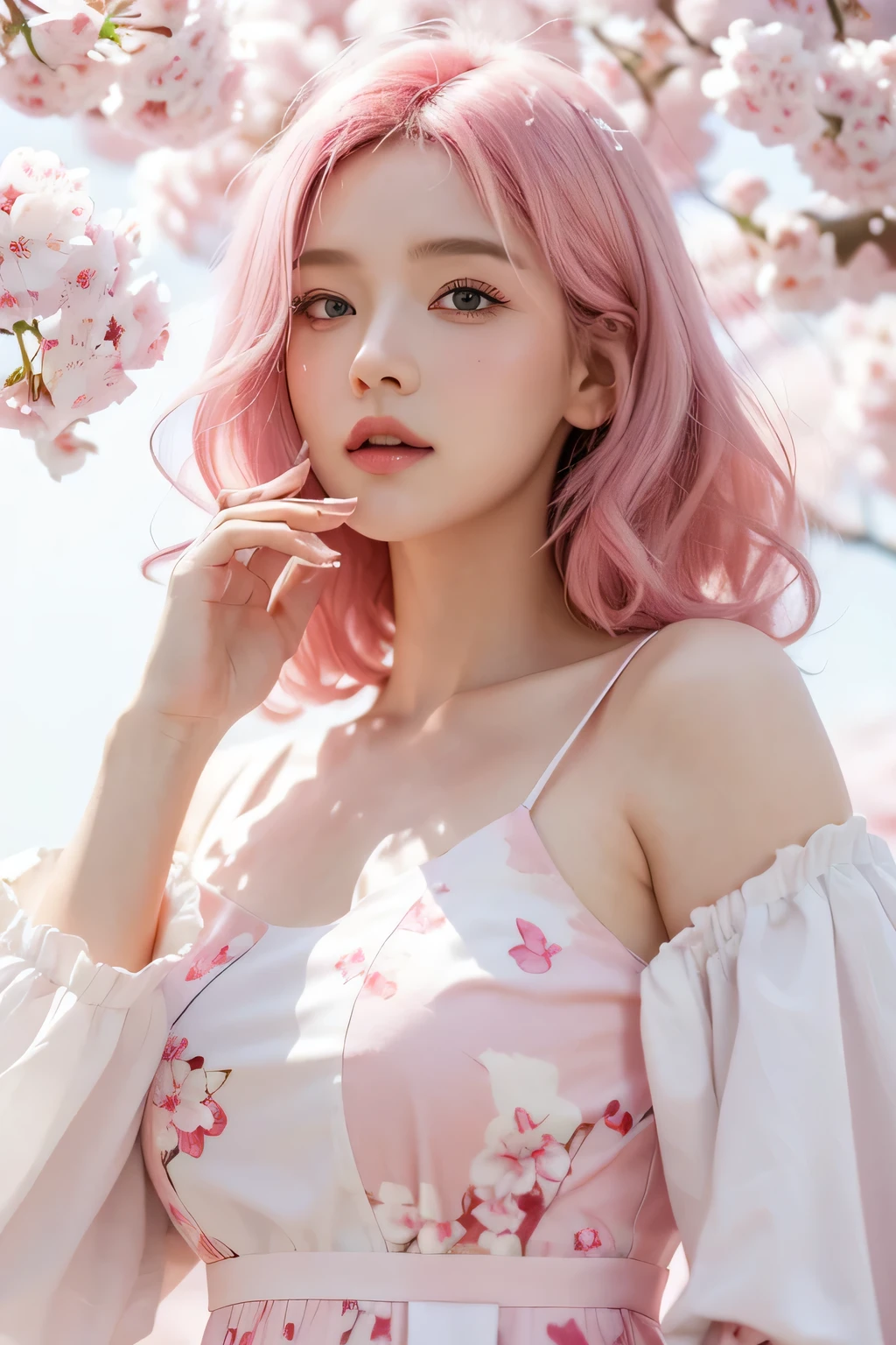 pink hair, pink eyes, in Pink and white, Cherry blossom leaves, bright colors, white dress, paint splatter, simple background, Ray tracing, curls