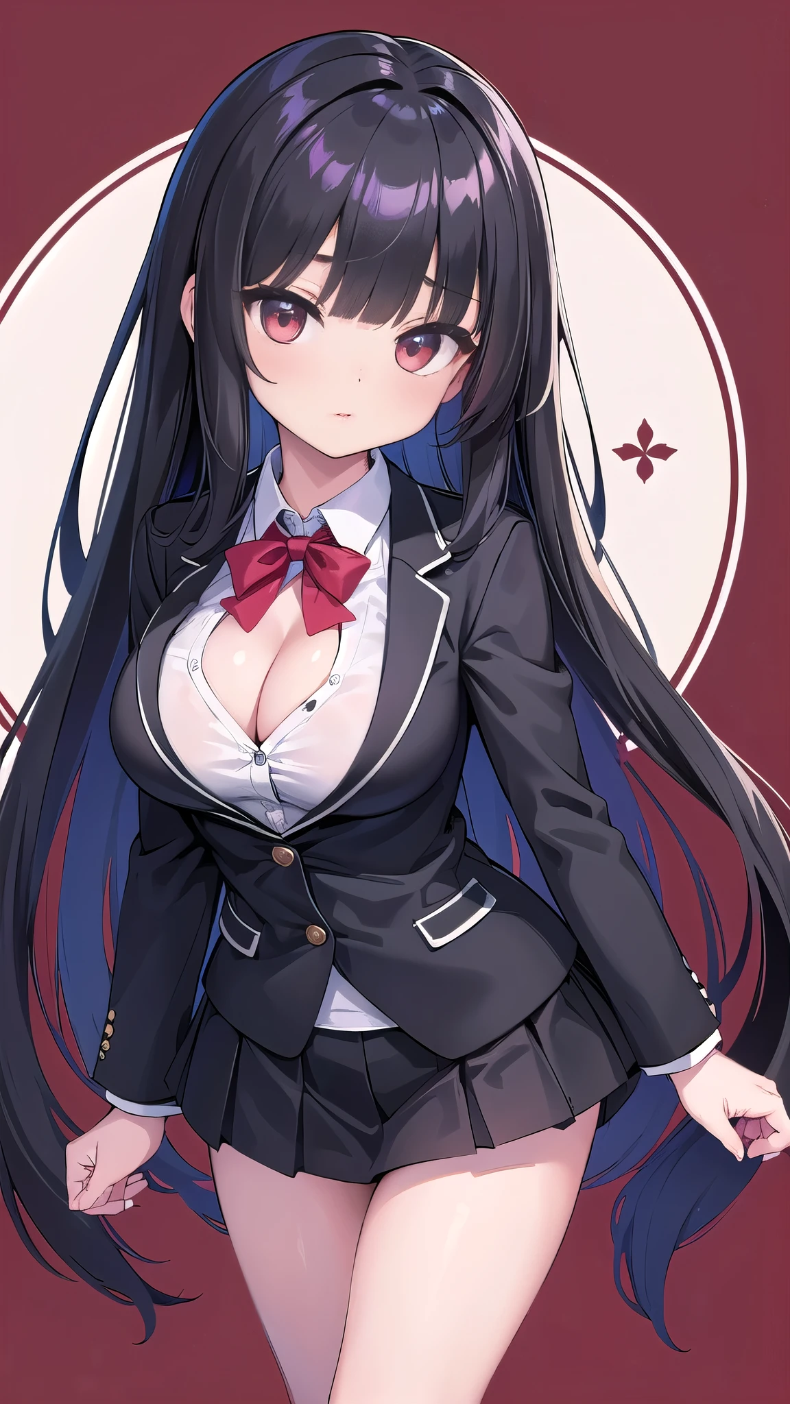 ((highest quality)), ((table top)), (be familiar with), (highlight), perfect face Young girl with detailed face showing cleavage、red and long eyes, thick, shiny, Beautiful black hair with blunt bangs、solid color background、Standing wearing school uniform of blazer and miniskirt。、