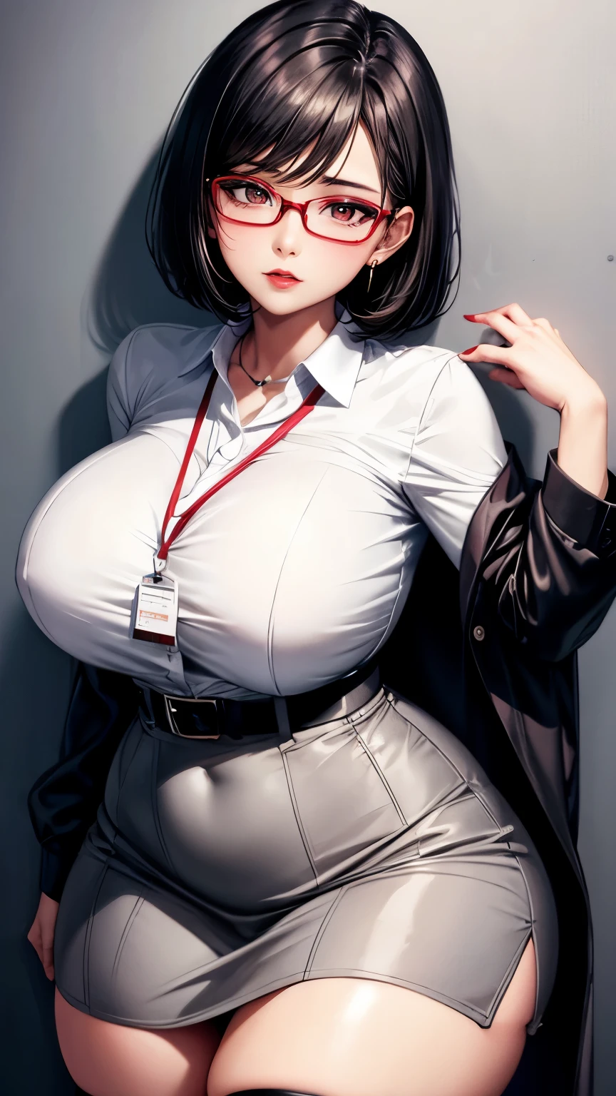 black short hair Glasses white blouse black tight skirt stockings lanyard id card 35 years old red rouge plump lips round face Plump look at me