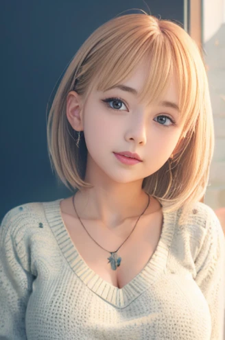 Beautiful girl college student. excellent breasts, masterpiece,surreal,Highly detailed CG Unity 8K wallpaper, highest quality, masterpiece,surreal,Highly detailed CG Unity 8K wallpaper, highest quality,lady ,necklace  , ash blonde hair、Oversized knitted sweater