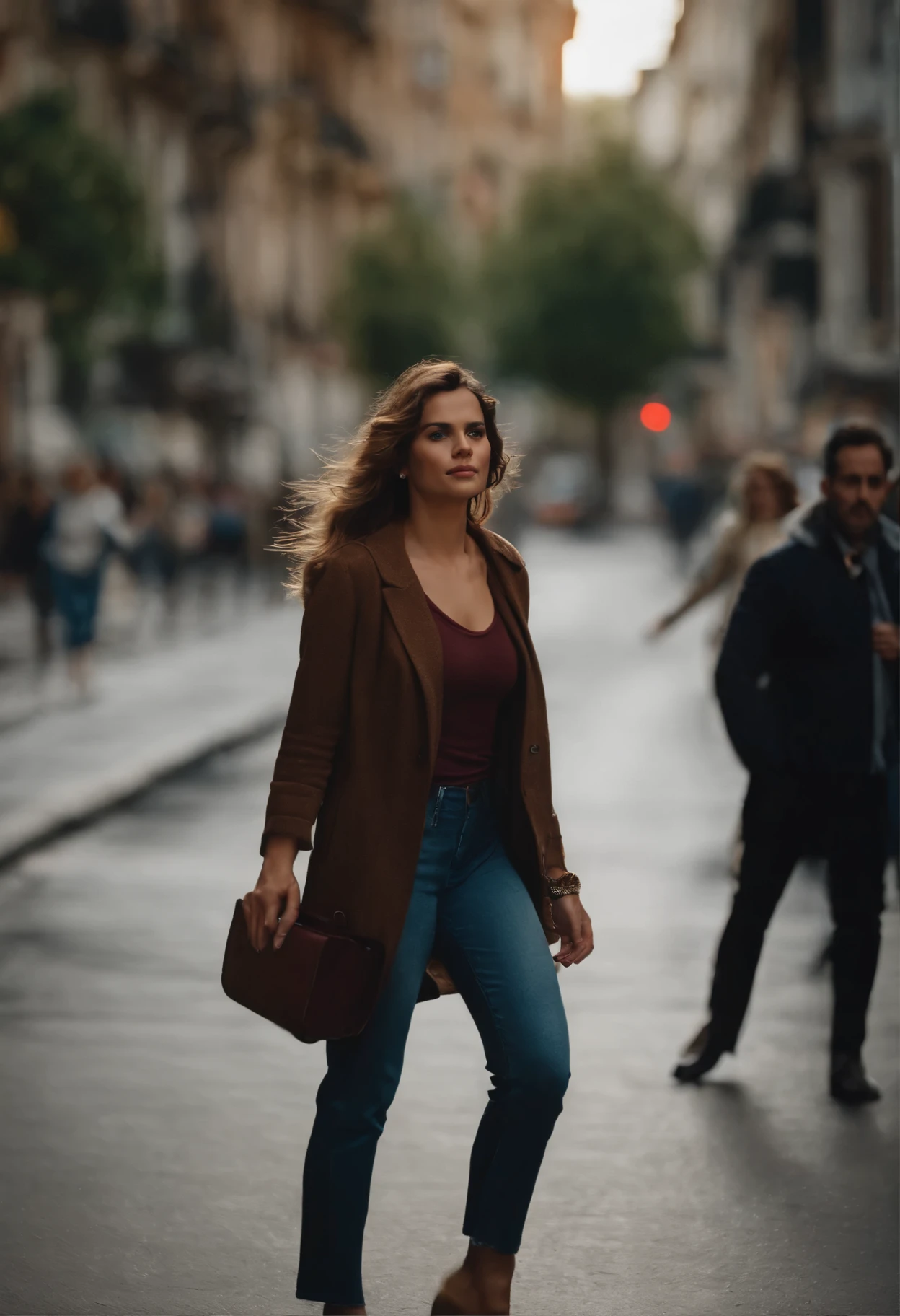 mulher de 26 anos, delicada, cabelos ondulados. She's walking on a busy sidewalk. She's wearing misplaced and listening clothes. (cena:rua movimentada)