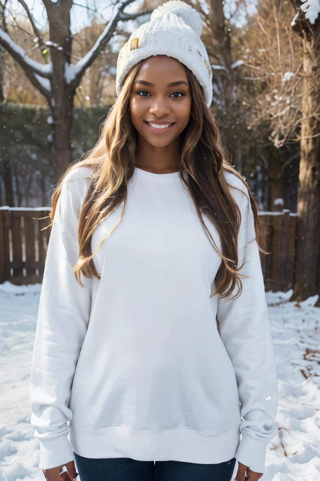 ((perfect photograph)), ((realistic)), ((8k)), (perfect face), gorgeous black woman with long blonde wavy hair, huge , wearing a straight long white long sweat shirt and dark jeans and a black beanie, standing towards the camera, snowing, torso facing camera, outdoors, lots of light, smiling, large dark oak trees, lots of snow, bright blue eyes