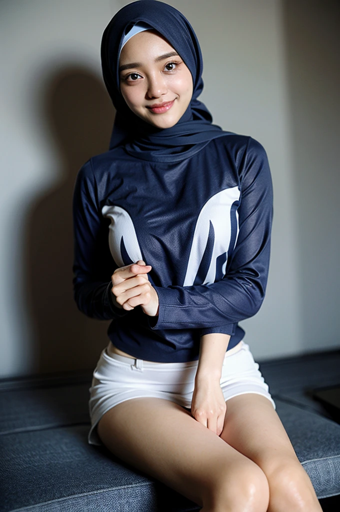 ((masterpiece)), ((best quality)),((HD 4k)), ((realistic 1.2)) , a mature girl indonesian, wearing hijab sexy in a blue navi t-shirt transparent, a big letter F written on the front of, her with a sweet smile lovely look