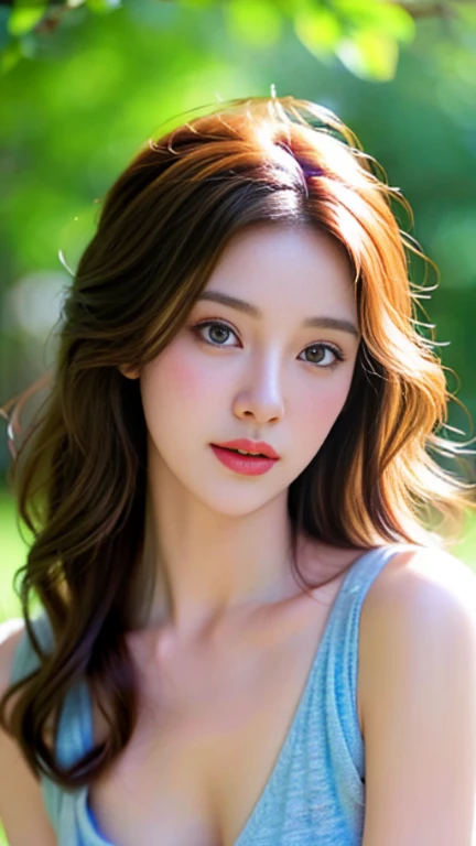xiaowu, goddess, rabbit ears, (masterpiece, best quality, extremely detailed 8k, ultra hd, ultra-detailed, highly detailed, highly realistic, photo realistic), (russian, 1girl:1.5), (highly proportional head, 1head:1.5), (beautiful realistic face, detailed realistic face), (caramel hair color, high detailed realistic hair, beautiful realistic hairstyle), (beautiful realistic purple eyes, high detailed realistic eyes, proportional eyes, high detailed pupils), (high detailed realistic natural eyebrows), (high detailed realistic lips, beautiful realistic lips, pink lipsticks, light smile), (high proportional realistic breasts, realistic big breasts), slender body, highly detailed realistic skin, (sweaty skin:1.4), lingerie green dress, full body view, full body shot, waterfall, lake, trees, grass, rocks, realistic background
