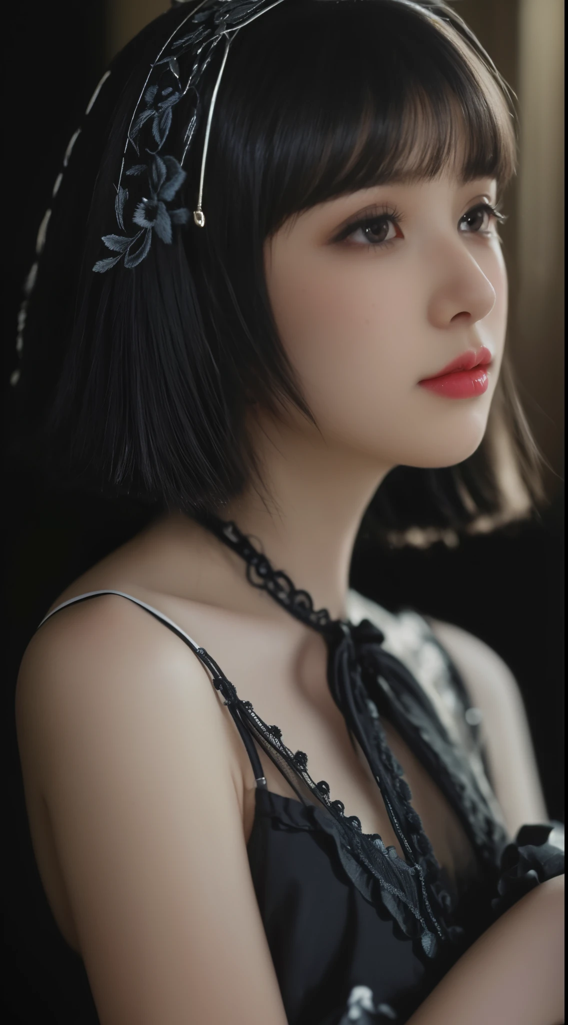 (((hyper-realistic from Close-up portraits))), (((very super Masterpiece))), (((very super Realism Photo))), ((Lots of black roses and black butterflies, very dark lighting, pitch black night, dramatic scene like a movie))), (((very pretty and very lovely Japanese woman, ))), (((very short bob with bangs))), (((black hair))), (((Large slit very very big eyes))), (((moist eyes reflecting the light))), (((Very ornate black gothic lolita fashion with Shoulder-baring clothing and lots of platinum embroidery))), (((long eyelashes, thin nose, small mouth, glossy beige lips, thin chin, clear healthy white glossy skin, slender body))).