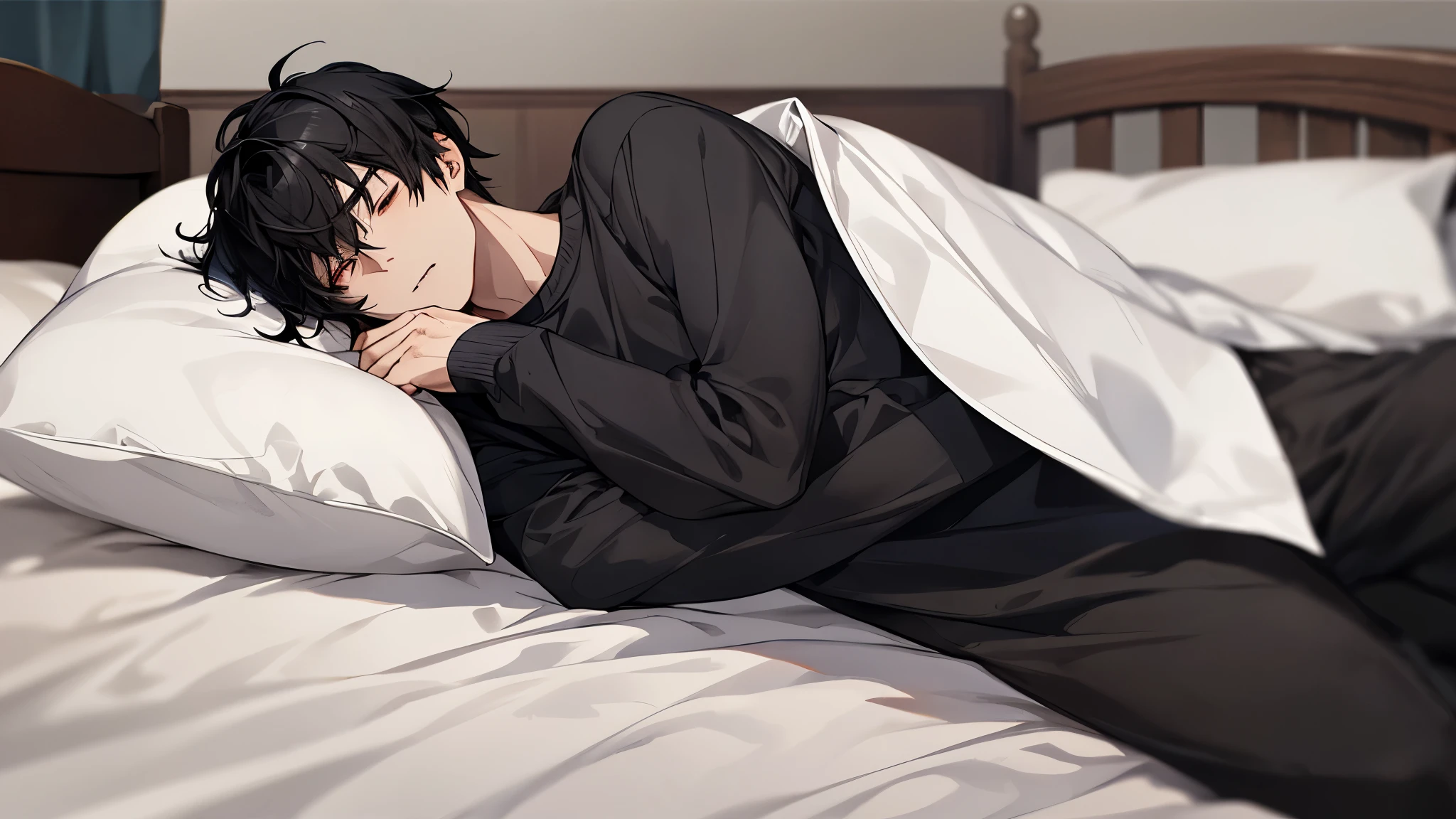 1 guy, black hair, press, Thin, pale, black hair, a little sporty, Blur background, Best quality, Brown eyes, Houses, in bed, Under the covers, sleeping, covered with a blanket,