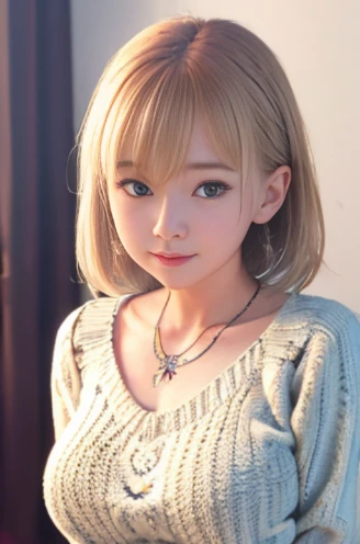Beautiful girl college student. excellent breasts, masterpiece,surreal,Highly detailed CG Unity 8K wallpaper, highest quality, masterpiece,surreal,Highly detailed CG Unity 8K wallpaper, highest quality,lady ,necklace , ash blonde hair、Oversized knitted sweater、full body photo、Turn around backwards