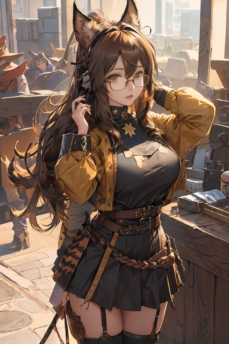 anime girl, Cowgirl Costume, big breasts, brown hair, perfect proportions:1.3, ((long hair)), (glasses:1.3), (hairstyle that is not&#39;Do not show ears:1.4, animal ears:1.6), perfect anatomy