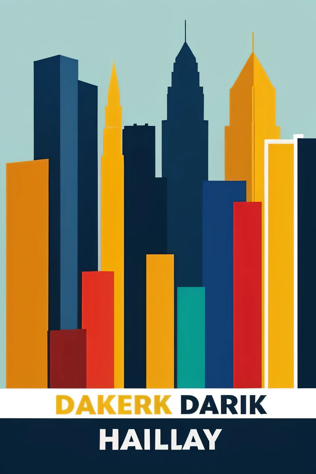 Draw a cityscape inspired by Julian Opie with simple lines and bright block colors. Yellow dark blue and red colors. Add text "Hari Wilayah". using the buildings of Malaysia as the main theme