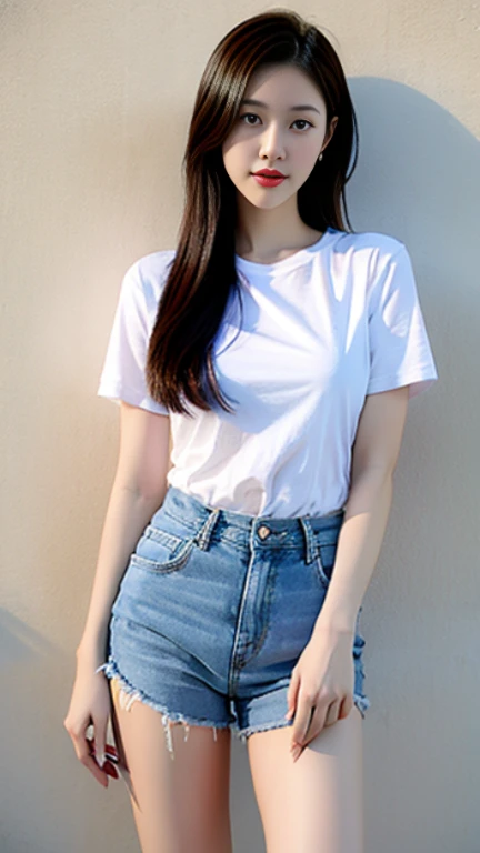 A beautiful girl wearing a white t-shirt, three holes, short jeans, DGirl beautiful 