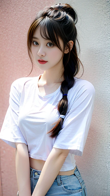 A beautiful girl wearing a white t-shirt, three holes, short jeans, DGirl beautiful