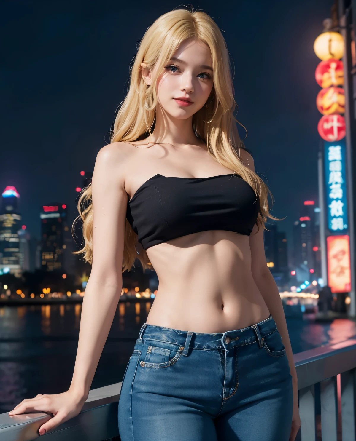 1girl, Blue eyes, (smile), (Sana Minatozaki), wide hips, Big , (firm ), big ass, (Best Quality, 8k, Masterpiece: 1.3), perfect hands, Clear Focus: 1.2, Perfect Body Beauty: 1.4, Highly detailed face and skin texture, detailed eyes, double eyelids, (blonde long hair :1.2), bare shoulders, (black tube top :1.3), (jeans), standing, dynamic pose, in Shanghai at night, buildings with colorful lights in the background, Oriental Pearl Towert