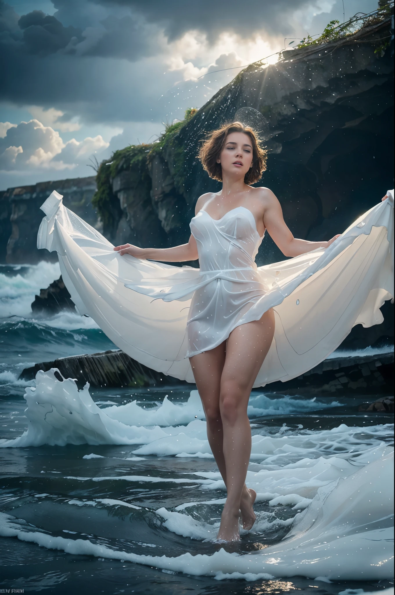 naked white-skinned plump woman with short brown hair wearing transparent shoes with water drops flying around her, streams of water swirling around the body in the shape of a dress, emerges from a pile of foam in a stormy sea, Dramatic fairytale lighting, flying water jets, Full-face face