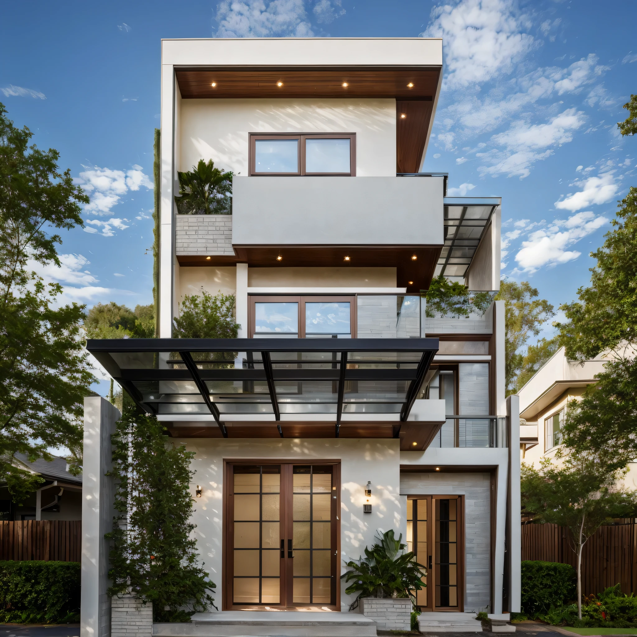 Exterior of house, mable decorations, (canopy in front of house:1.4), (a road in front of house:1.3), tree, sky, cloud, morning weather.