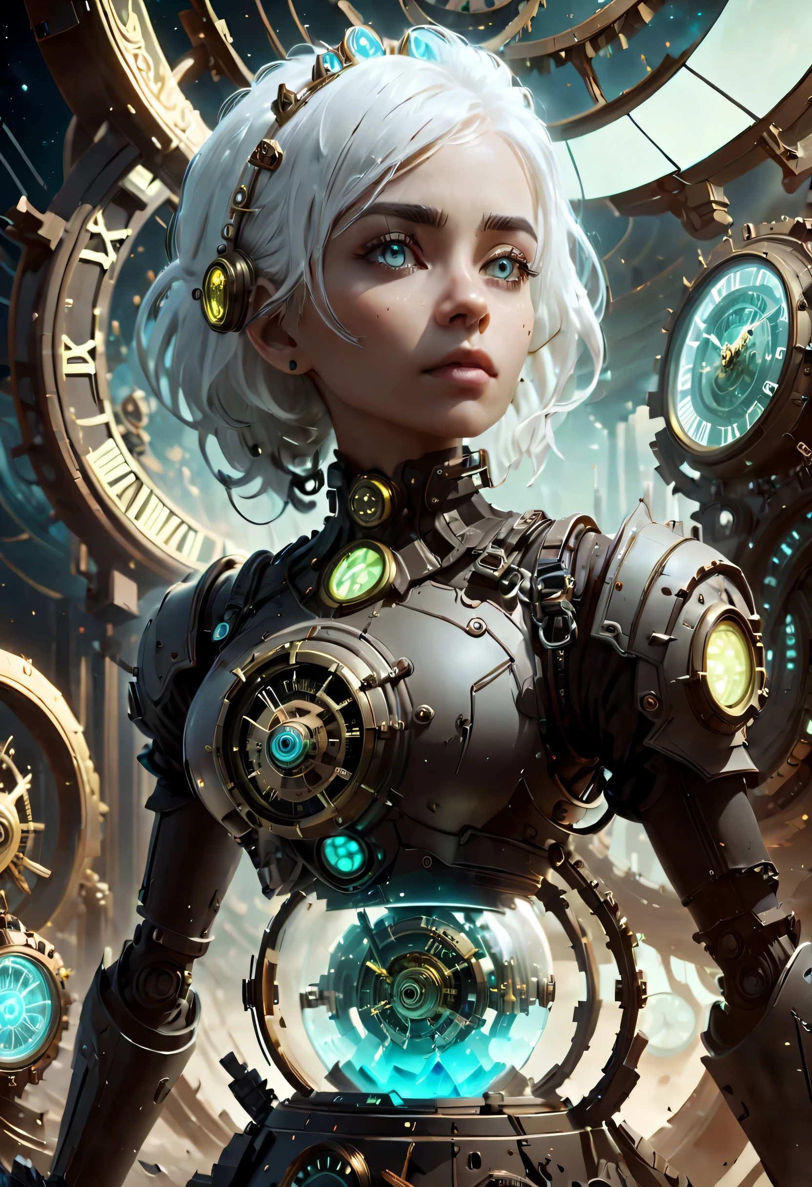 xyzahri, white hair, 1girl, 3d render, cgi, , portrait, solo, half shot, looking up, detailed background, detailed face, dystopian [futuristic|timeless], impossible space, circular patterns, (style-swirlmagic:1.0), hourglass, clockwork, clock gears, cosmic space in background, epic atmosphere