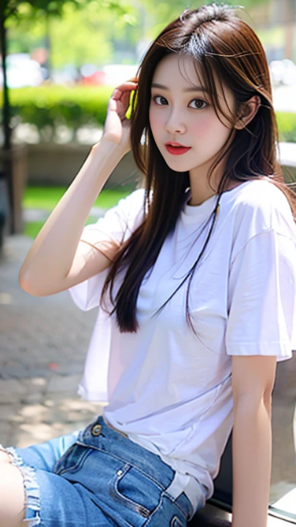 A beautiful girl wearing a white t-shirt, three holes, short jeans, DGirl beautiful